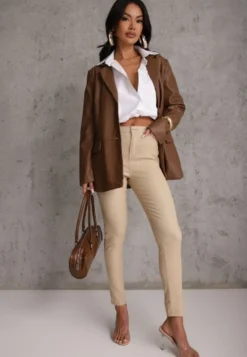 Beżowe Casualowe Spodnie Skinny o Modelującym Fasonie Elovi