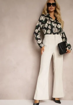 Beżowe Casualowe Spodnie w Stylu Dzwonów High Waist Uinna