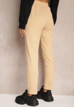 Beżowe Casualowe Spodnie z Bawełny High Waist z Gumką w Pasie Beliefra