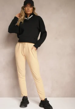 Beżowe Casualowe Spodnie z Bawełny High Waist z Gumką w Pasie Beliefra