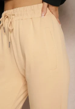 Beżowe Casualowe Spodnie z Bawełny High Waist z Gumką w Pasie Beliefra
