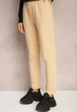 Beżowe Casualowe Spodnie z Bawełny High Waist z Gumką w Pasie Beliefra