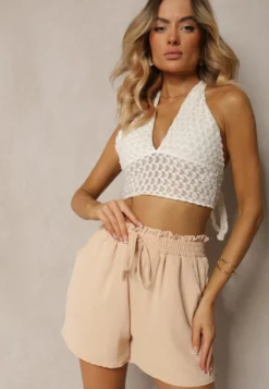 Beżowe Casualowe Szorty Bermudy High Waist Wykończone Gumką w Pasie Otanea