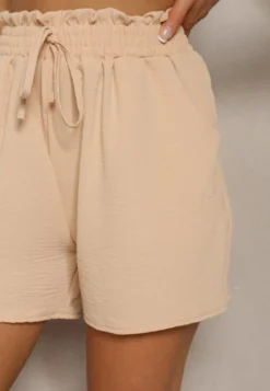 Beżowe Casualowe Szorty Bermudy High Waist Wykończone Gumką w Pasie Otanea