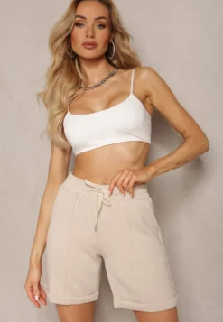 Beżowe Casualowe Szorty High Waist z Kieszeniami Wykończone Gumką Shezetta