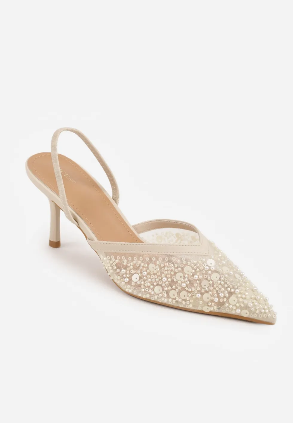 Beżowe Cekinowe Czółenka VICES Slingback na Szpilce z Noskiem w Szpic Ozdobione Perłami i Koralikami Kleomene