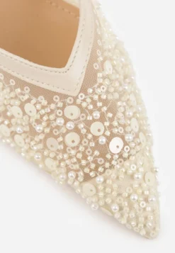 Beżowe Cekinowe Czółenka VICES Slingback na Szpilce z Noskiem w Szpic Ozdobione Perłami i Koralikami Kleomene