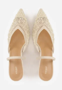 Beżowe Cekinowe Czółenka VICES Slingback na Szpilce z Noskiem w Szpic Ozdobione Perłami i Koralikami Kleomene