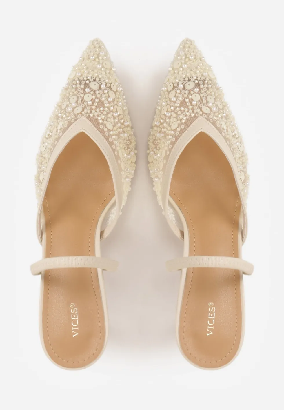 Beżowe Cekinowe Czółenka VICES Slingback na Szpilce z Noskiem w Szpic Ozdobione Perłami i Koralikami Kleomene