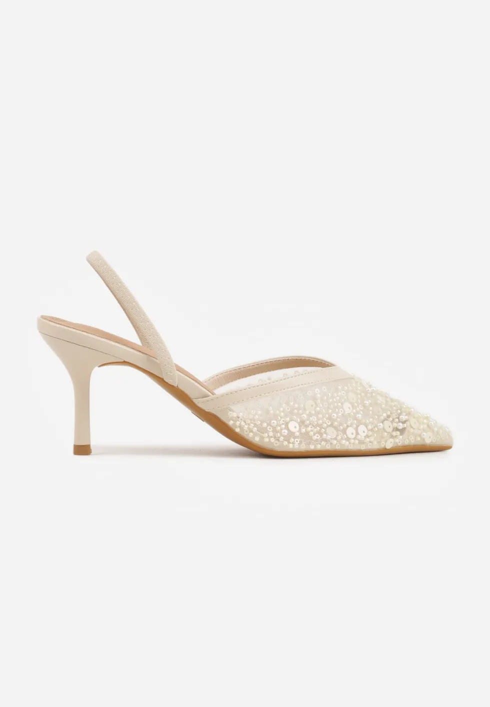 Beżowe Cekinowe Czółenka VICES Slingback na Szpilce z Noskiem w Szpic Ozdobione Perłami i Koralikami Kleomene