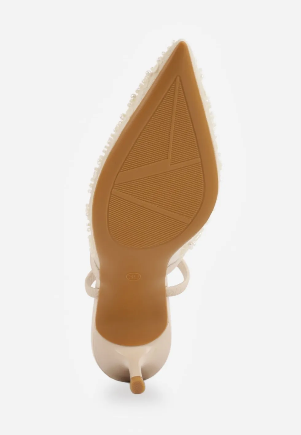 Beżowe Cekinowe Czółenka VICES Slingback na Szpilce z Noskiem w Szpic Ozdobione Perłami i Koralikami Kleomene