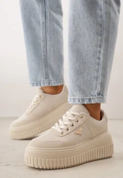 Beżowe Chunky Sneakersy z Trójkątną Aplikacją VICES na Platformie Cezaline