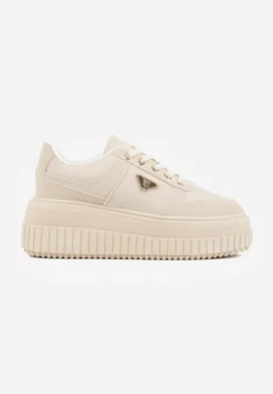 Beżowe Chunky Sneakersy z Trójkątną Aplikacją VICES na Platformie Cezaline