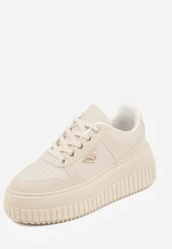 Beżowe Chunky Sneakersy z Trójkątną Aplikacją VICES na Platformie Cezaline