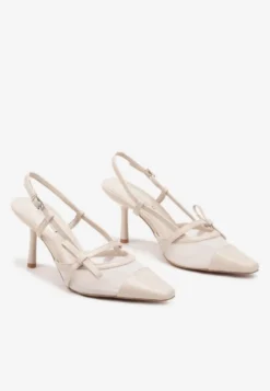 Beżowe Czółenka na Szpilce Typu Slingback z Siateczkową Cholewką Asdexia