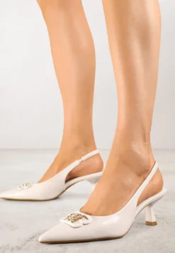 Beżowe Czółenka Sandały Vices na Kaczuszce Typu Slingback Ozdobione Metaliczną Aplikacją Lilarunea