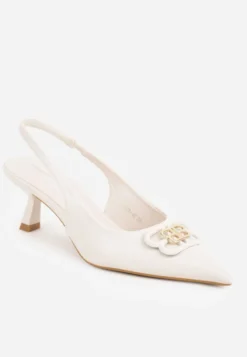 Beżowe Czółenka Sandały Vices na Kaczuszce Typu Slingback Ozdobione Metaliczną Aplikacją Lilarunea