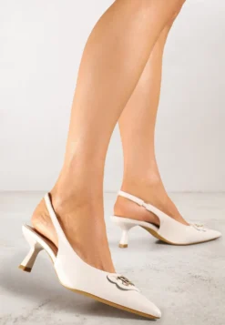 Beżowe Czółenka Sandały Vices na Kaczuszce Typu Slingback Ozdobione Metaliczną Aplikacją Lilarunea