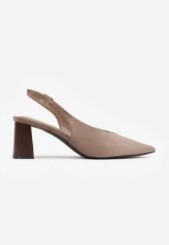 Beżowe Czółenka Slingback o Fakturze Zamszu na Słupkowym Obcasie Facena