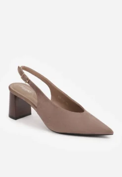 Beżowe Czółenka Slingback o Fakturze Zamszu na Słupkowym Obcasie Facena