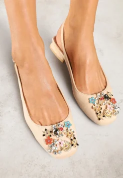 Beżowe Czółenka Slingback Vices z Cyrkoniami i Wkładką ze Skóry Eklina