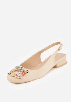 Beżowe Czółenka Slingback Vices z Cyrkoniami i Wkładką ze Skóry Eklina