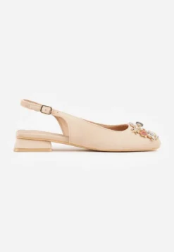 Beżowe Czółenka Slingback Vices z Cyrkoniami i Wkładką ze Skóry Eklina