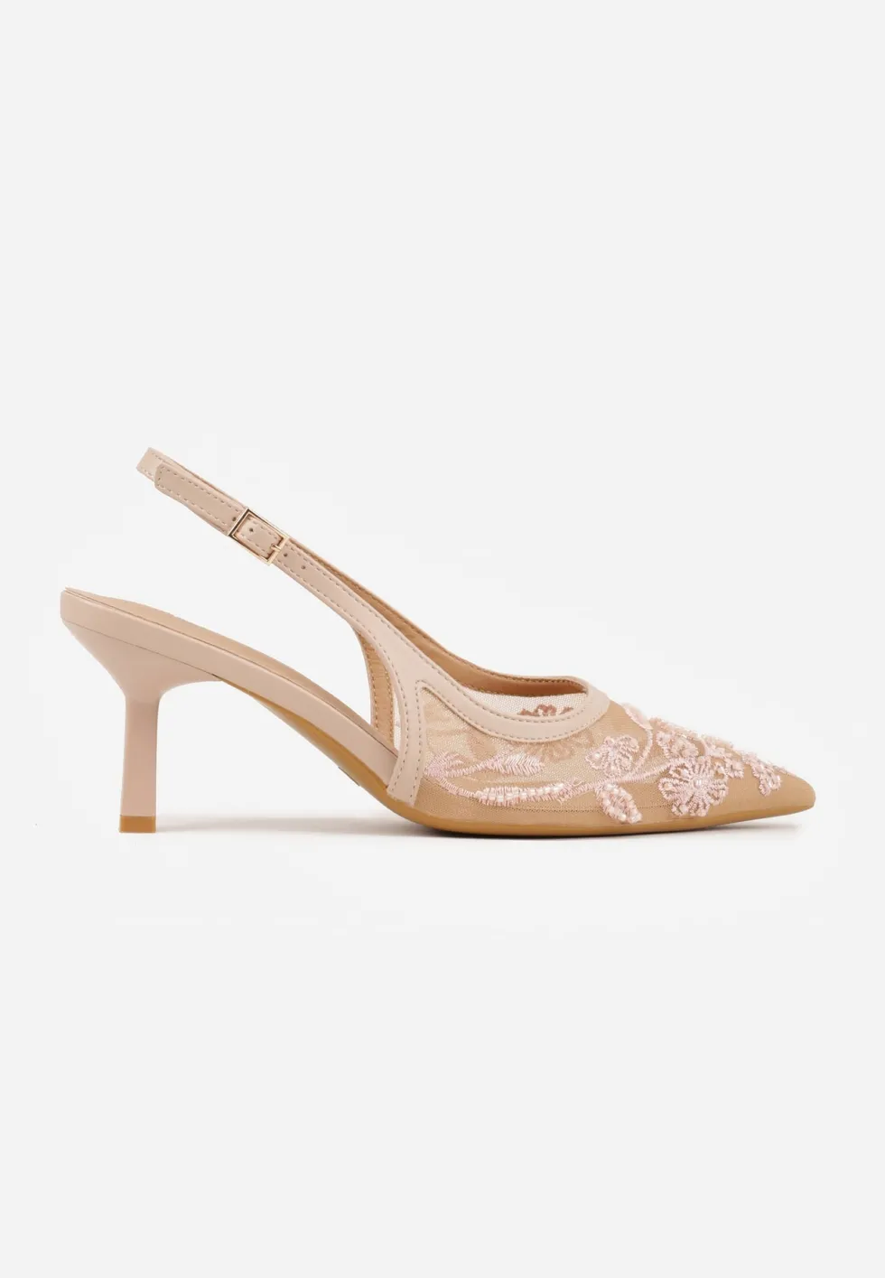 Beżowe Czółenka Slingback z Siateczki VICES na Kaczuszce z Haftem i Koralikami Vilin