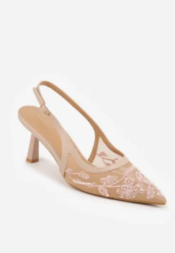 Beżowe Czółenka Slingback z Siateczki VICES na Kaczuszce z Haftem i Koralikami Vilin