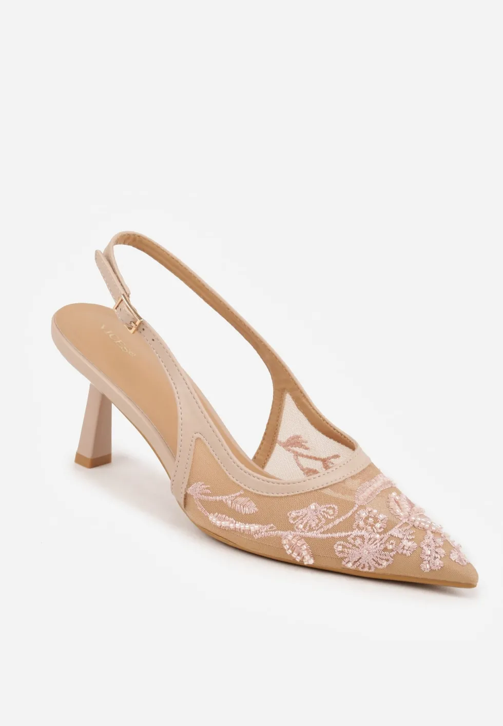 Beżowe Czółenka Slingback z Siateczki VICES na Kaczuszce z Haftem i Koralikami Vilin