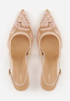 Beżowe Czółenka Slingback z Siateczki VICES na Kaczuszce z Haftem i Koralikami Vilin