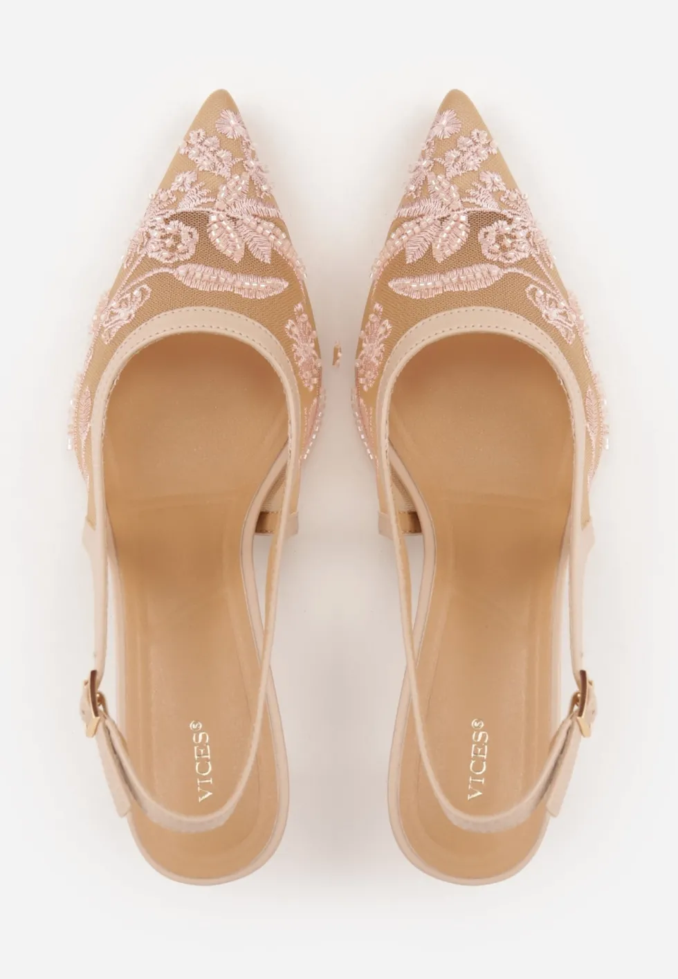 Beżowe Czółenka Slingback z Siateczki VICES na Kaczuszce z Haftem i Koralikami Vilin