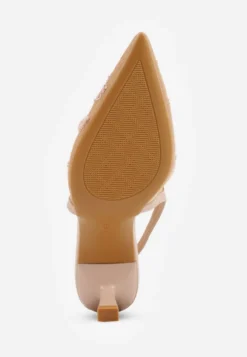 Beżowe Czółenka Slingback z Siateczki VICES na Kaczuszce z Haftem i Koralikami Vilin