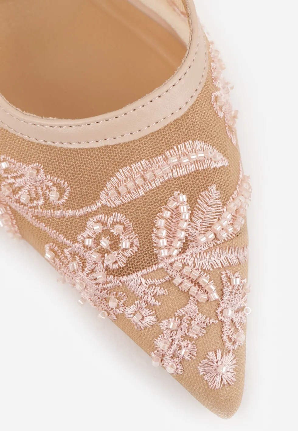 Beżowe Czółenka Slingback z Siateczki VICES na Kaczuszce z Haftem i Koralikami Vilin
