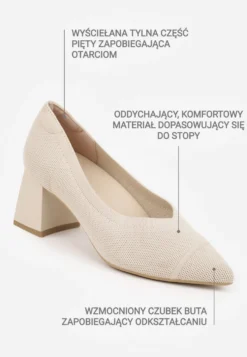 Beżowe Czółenka VICES z Dzianiny na Geometrycznym Słupku z Wkładką Soft-Step Daphilane