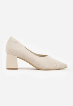 Beżowe Czółenka VICES z Dzianiny na Geometrycznym Słupku z Wkładką Soft-Step Daphilane