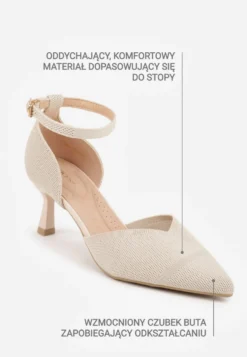 Beżowe Czółenka z Tkaniny VICES na Niskim Obcasie z Paskiem Wokół Kostki i Wkładką Soft-Step Xylieth
