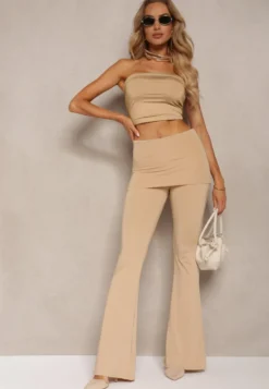 Beżowe Elastyczne Spodnie o Kroju Dzwonów High Waist z Modelującego Materiału Ivolea