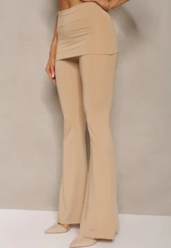 Beżowe Elastyczne Spodnie o Kroju Dzwonów High Waist z Modelującego Materiału Ivolea