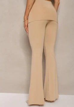 Beżowe Elastyczne Spodnie o Kroju Dzwonów High Waist z Modelującego Materiału Ivolea