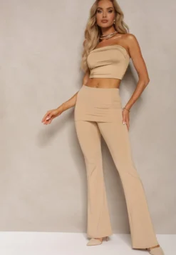 Beżowe Elastyczne Spodnie o Kroju Dzwonów High Waist z Modelującego Materiału Ivolea