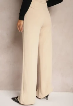 Beżowe Eleganckie Spodnie High Waist o Szerokim Kroju z Wiskozą i Rozcięciami Yurlea