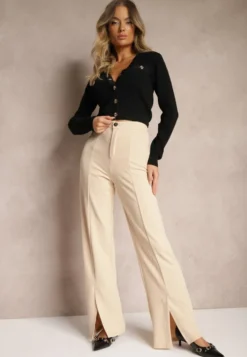 Beżowe Eleganckie Spodnie High Waist o Szerokim Kroju z Wiskozą i Rozcięciami Yurlea