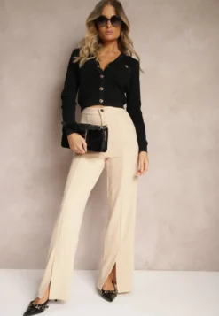 Beżowe Eleganckie Spodnie High Waist o Szerokim Kroju z Wiskozą i Rozcięciami Yurlea
