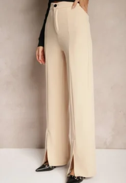 Beżowe Eleganckie Spodnie High Waist o Szerokim Kroju z Wiskozą i Rozcięciami Yurlea