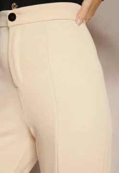 Beżowe Eleganckie Spodnie High Waist o Szerokim Kroju z Wiskozą i Rozcięciami Yurlea