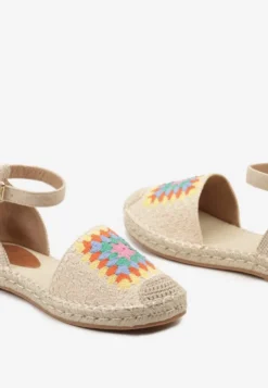 Beżowe Espadryle na Płaskiej Podeszwie Zapinane na Sprzączkę z Plecioną Podeszwą Laveda