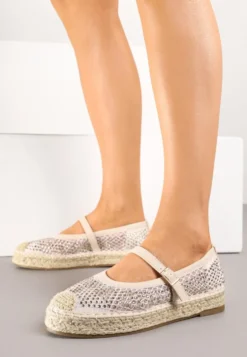 Beżowe Espadryle Ozdobione Plecionką i Ażurową Cholewką Rinelona
