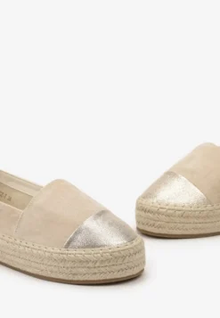Beżowe Espadryle z Brokatowym Noskiem i Plecioną Podeszwą Plaora