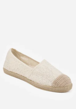 Beżowe Espadryle z Koronkową Cholewką i Podeszwą z Plecionki Marilex